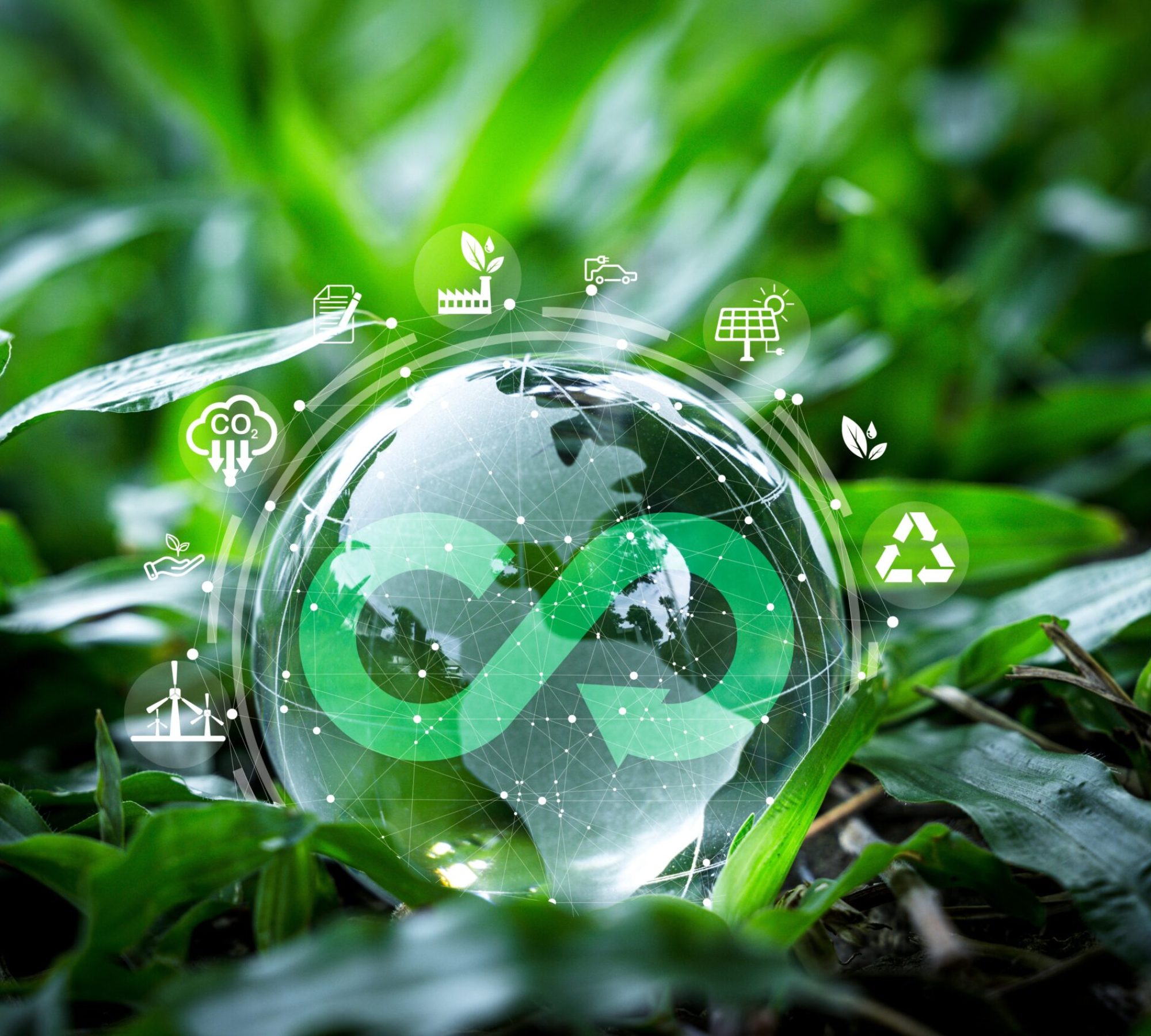 Crystal,World,On,Green,Grass,With,Infinity,Symbol,And,Environment